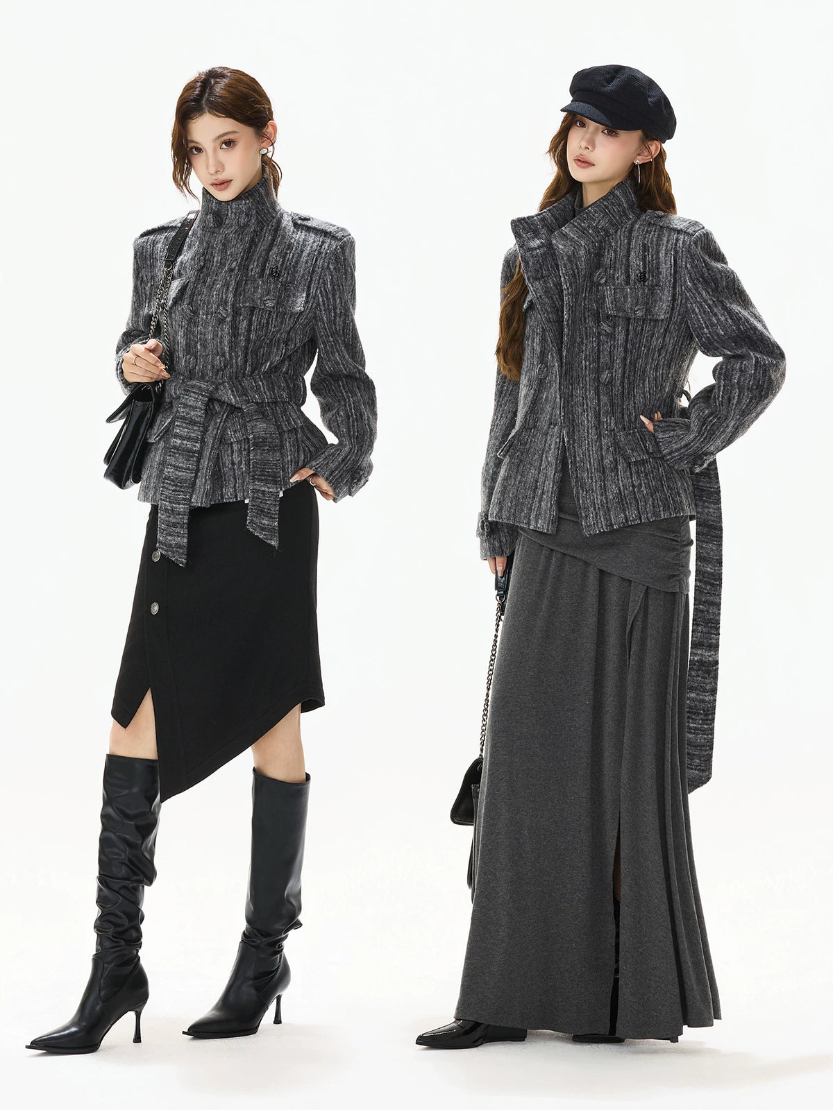 Gray Belted Tweed Coat