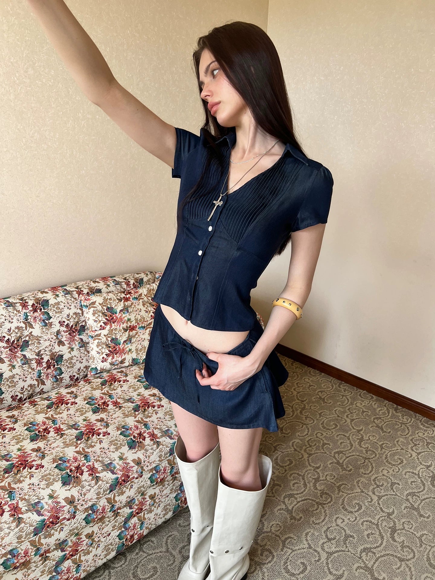 Denim V-Neck Skirt Set
