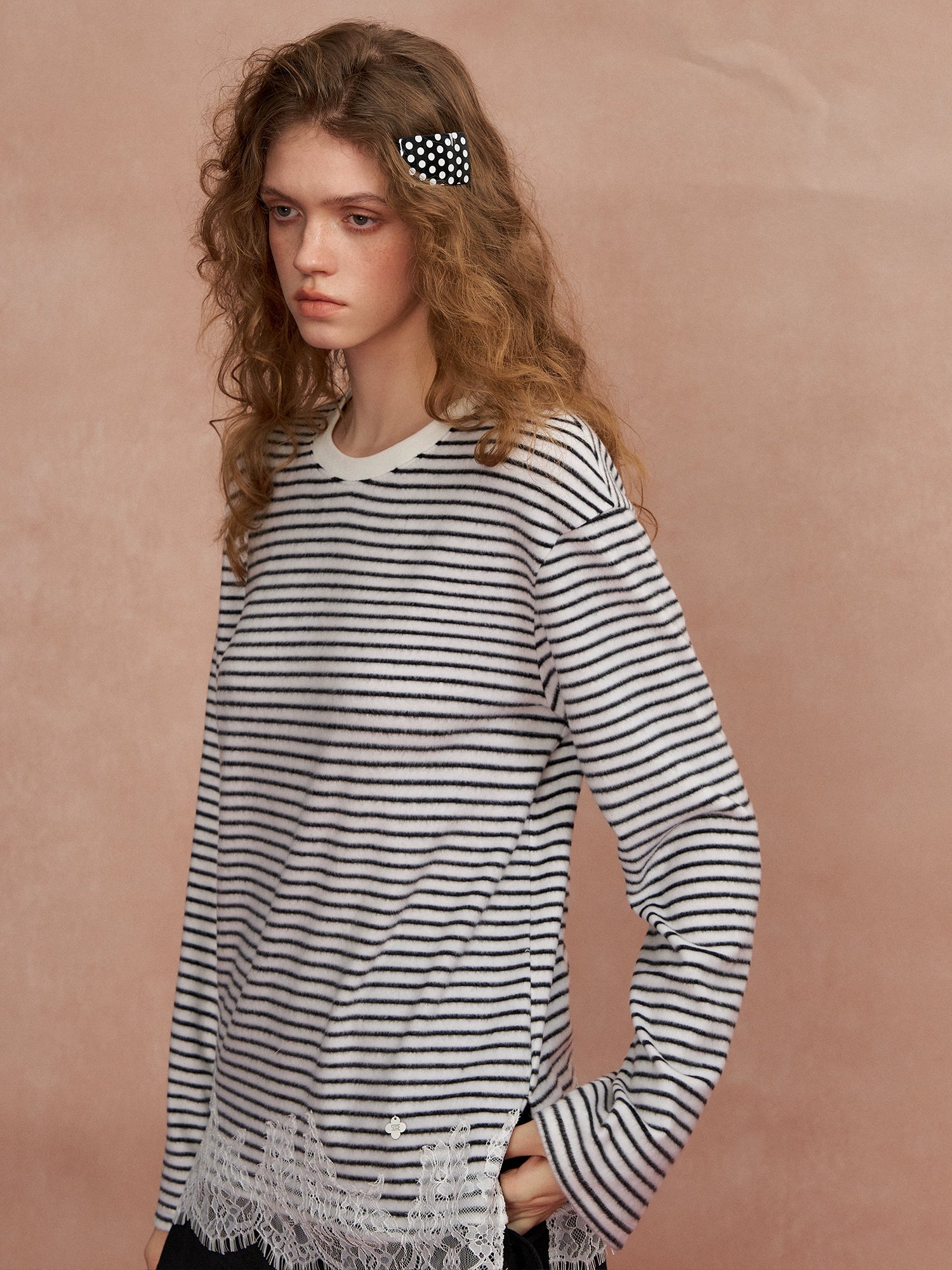 Lace Panel Fuzzy Stripe Tee