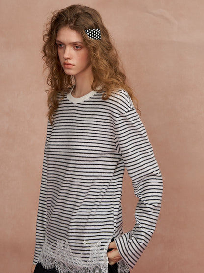 Lace Panel Fuzzy Stripe Tee