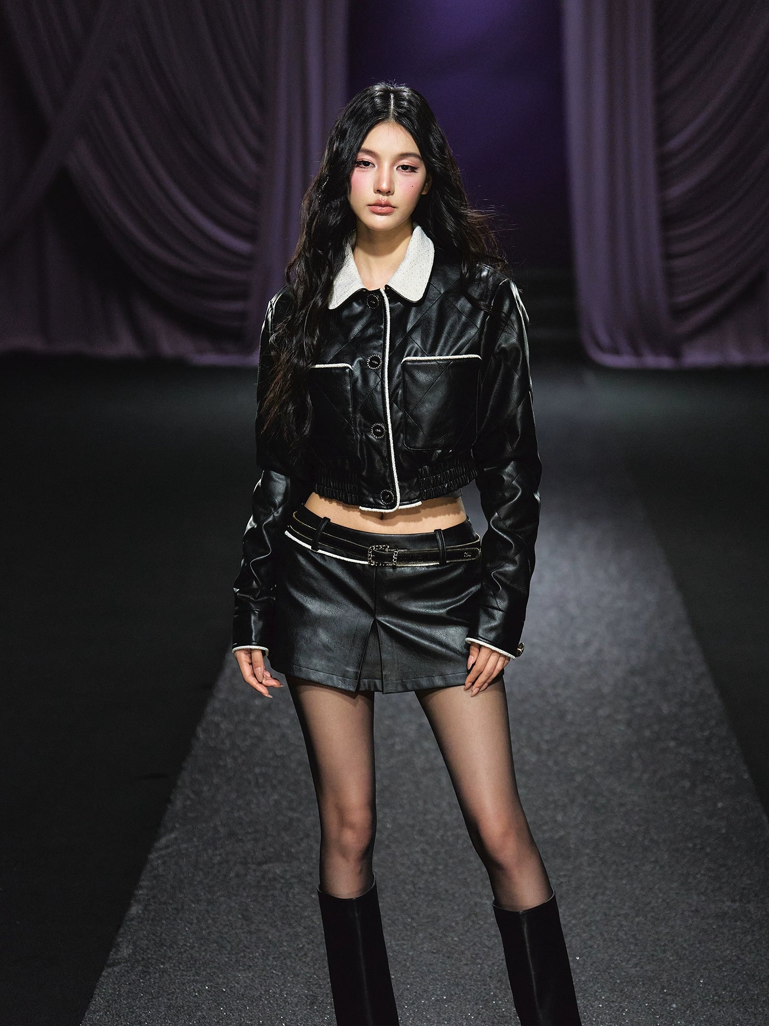 Contrast Trim Quilted Leather Jacket &amp; Skirt Set