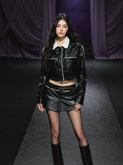 Contrast Trim Quilted Leather Jacket &amp; Skirt Set