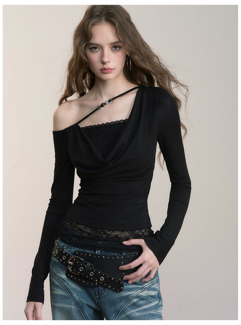 Asymmetric Beaded Drape T-shirt
