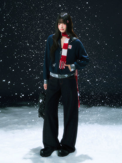 Contrast Stitch Embroidery Wide Pants