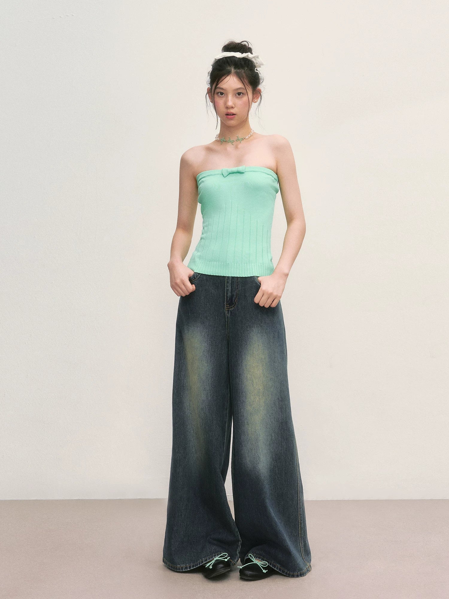 Green Bow Knit Tube Top