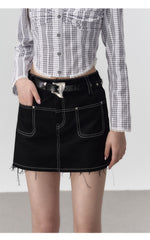 Black Denim 2-in-1 Studded Frayed Mini Skirt