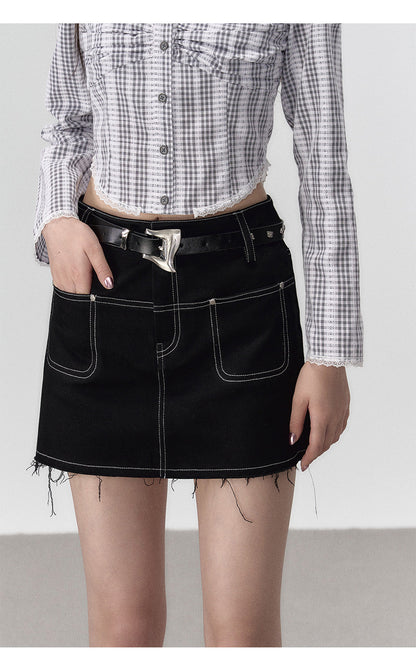 Black Denim 2-in-1 Studded Frayed Mini Skirt