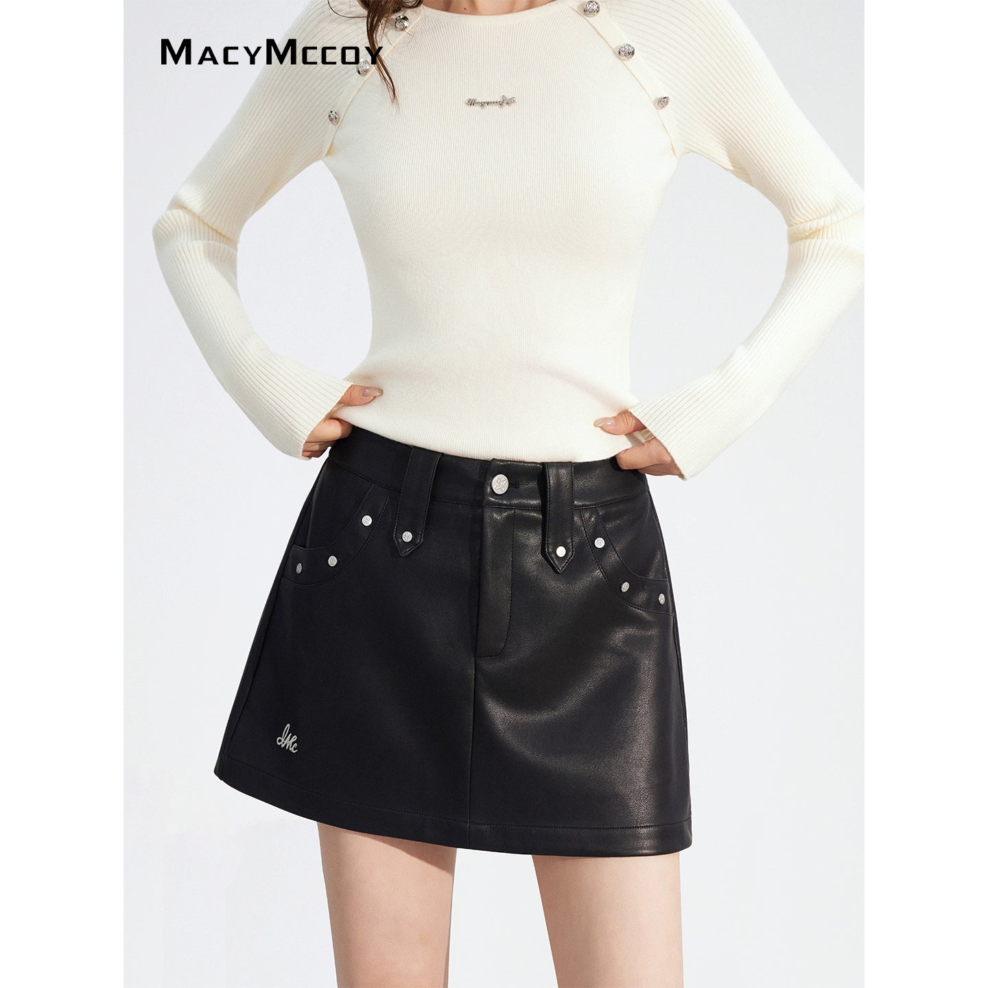 Studded Faux Leather A-Line Skirt