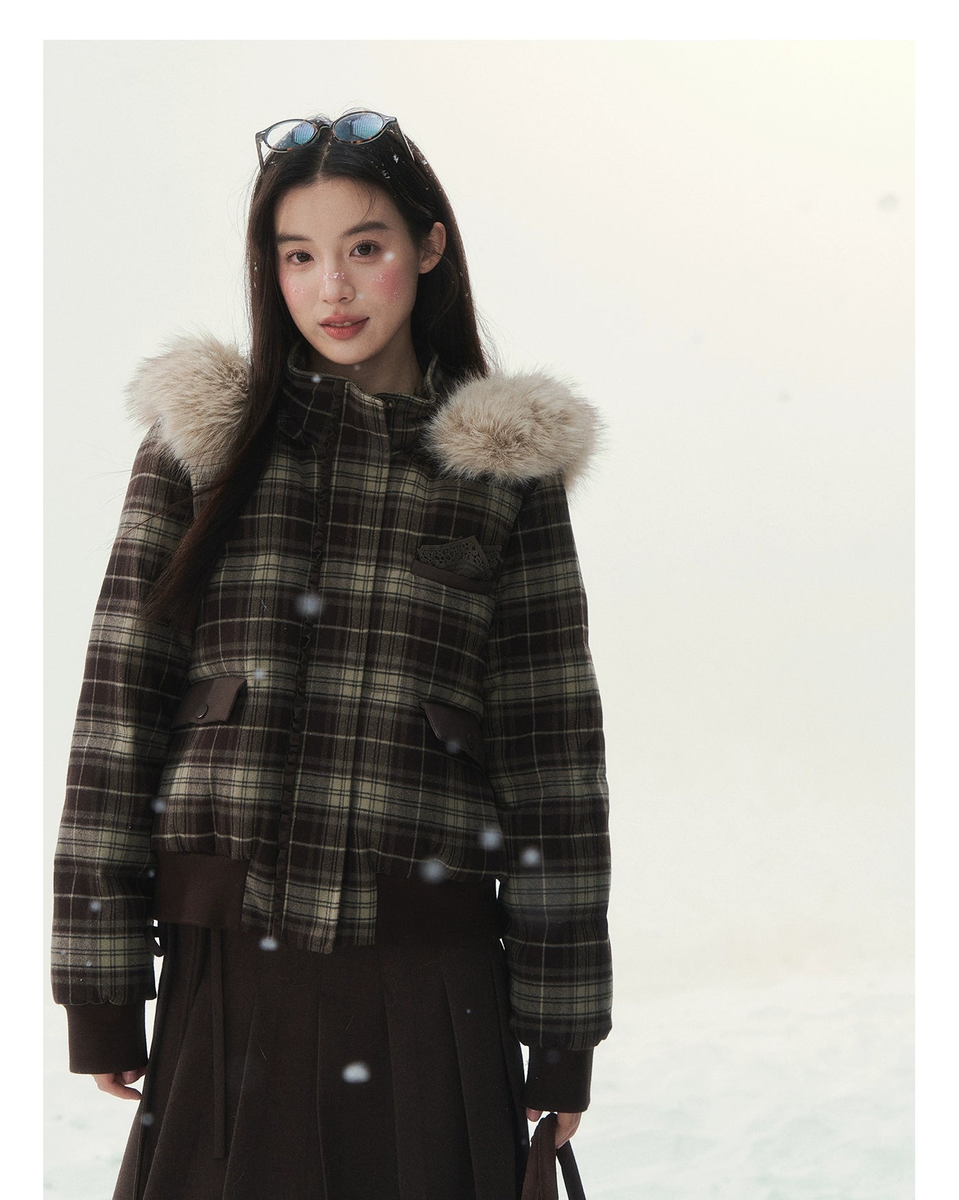 Plaid Floral Faux-Fur Down Jacket