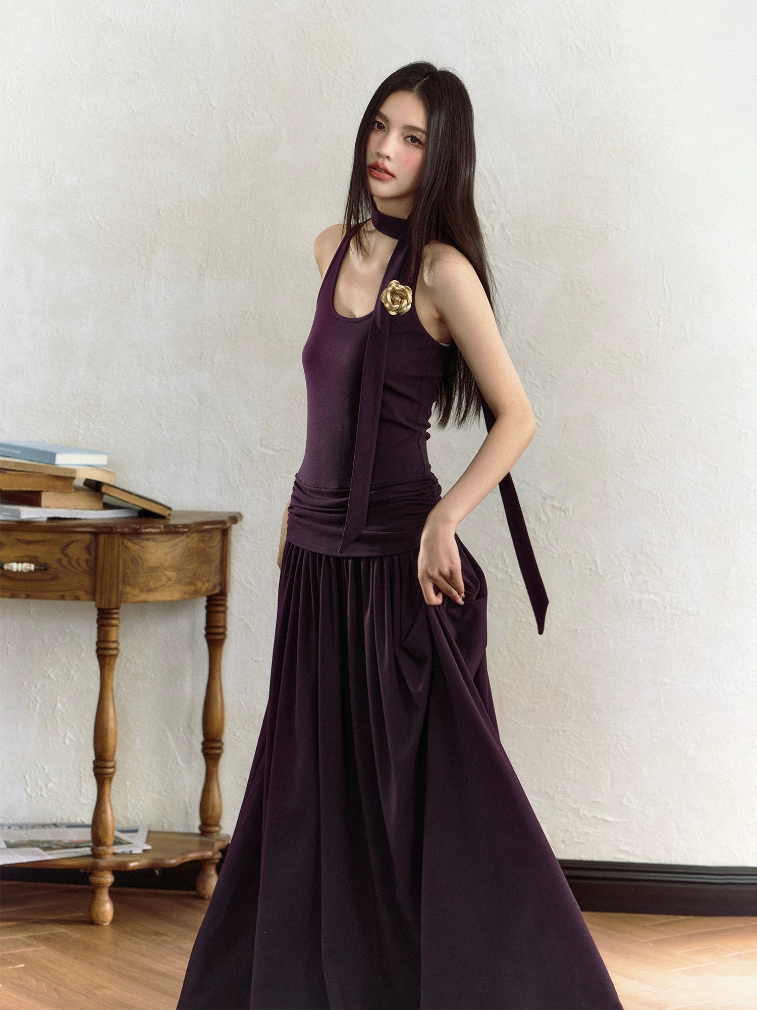 Ruched Waist A-Line Knit Slip Dress