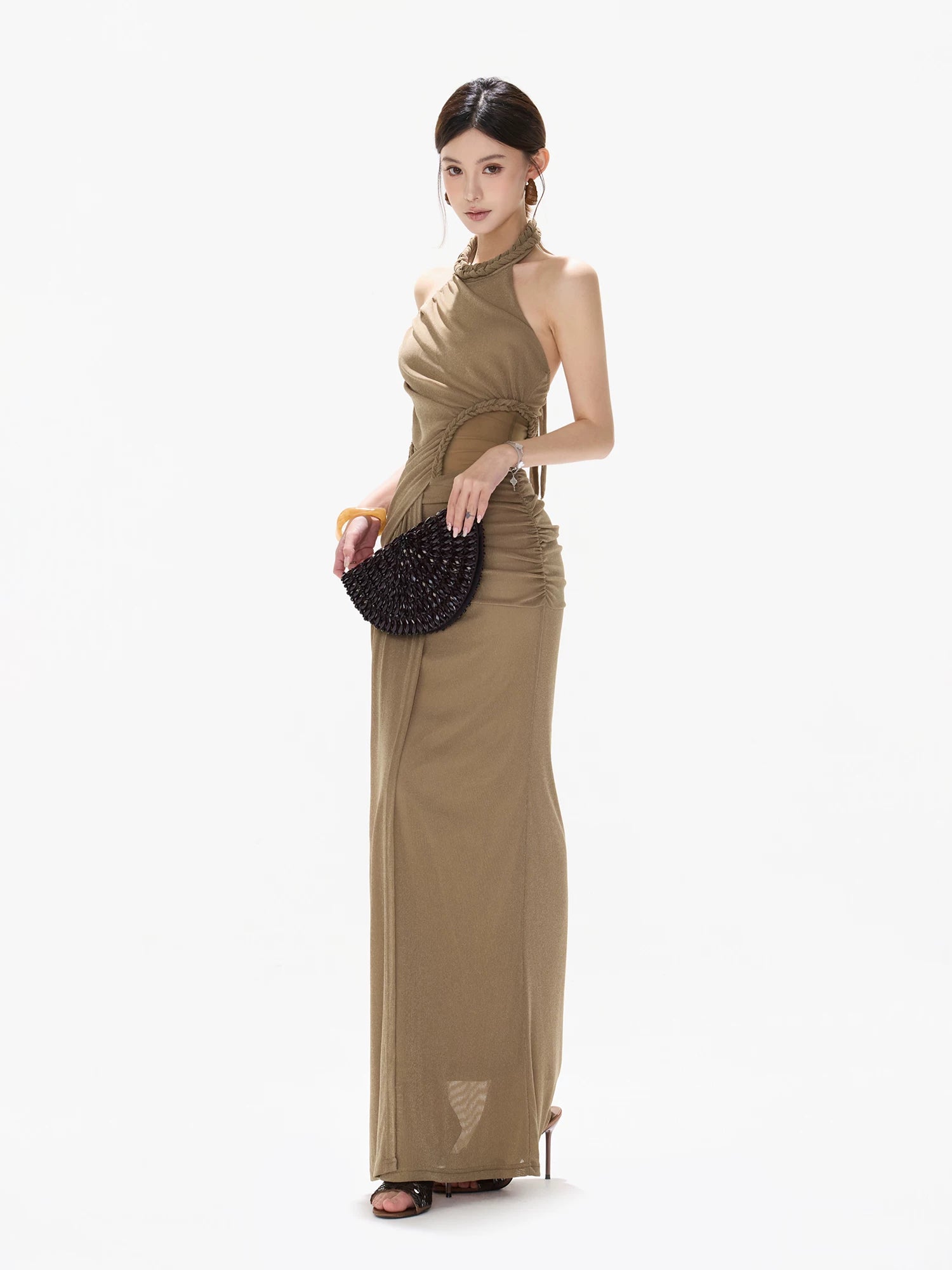 Halter Ruched Mesh Dress