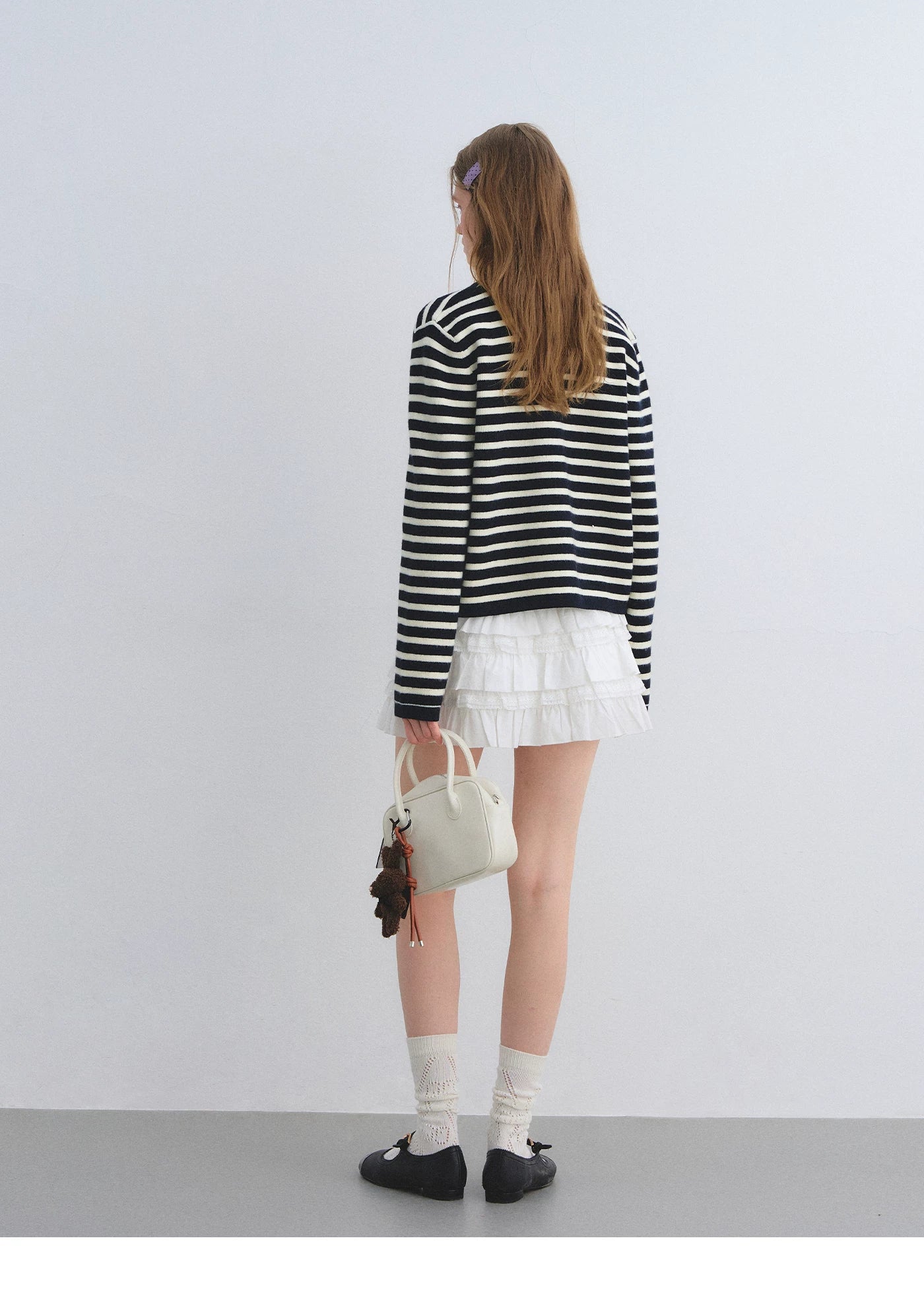 Wool Blend Striped Crewneck Knit Cardigan