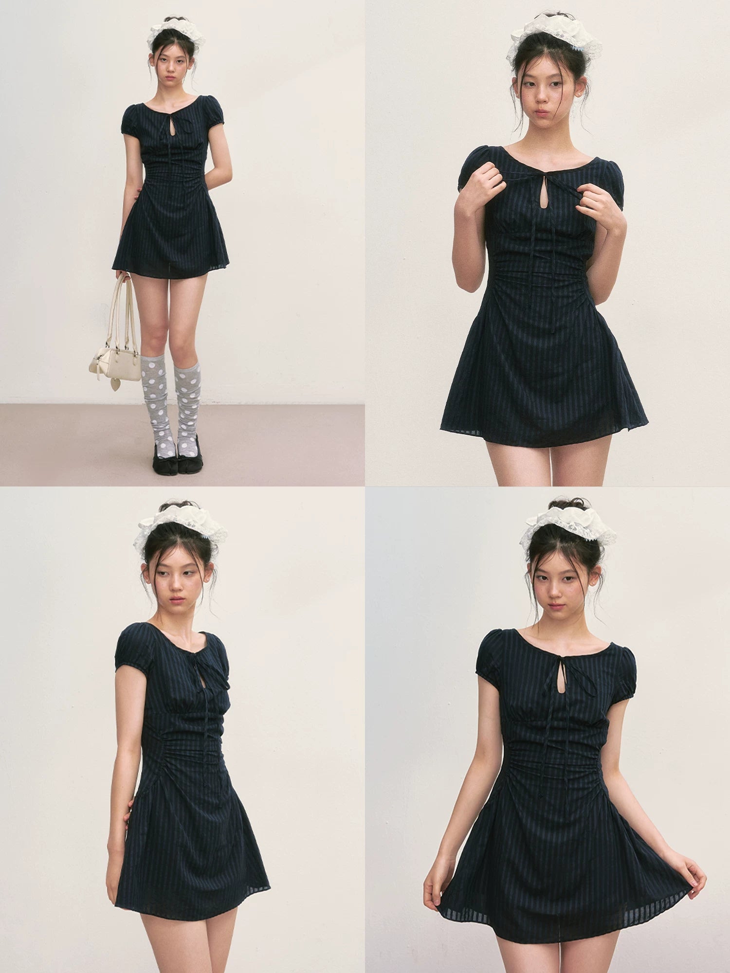 Navy Blue Tie-Waist Puff Mini Dress