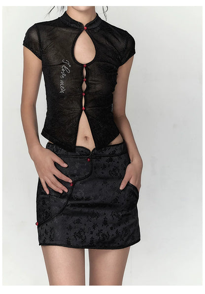 Black &amp; White Button-up A-line Skirt