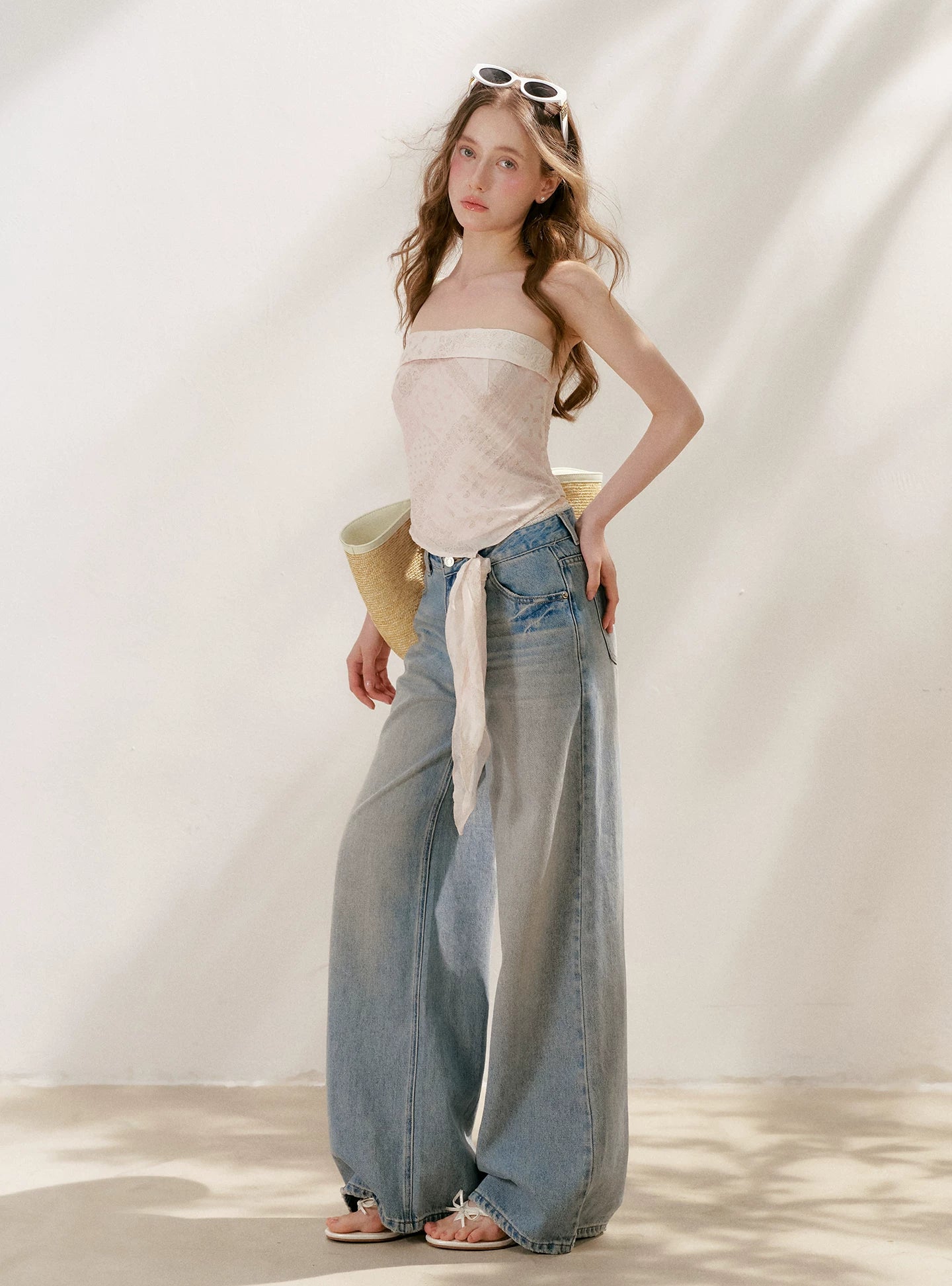 Lace Tie Wide-Leg Jeans