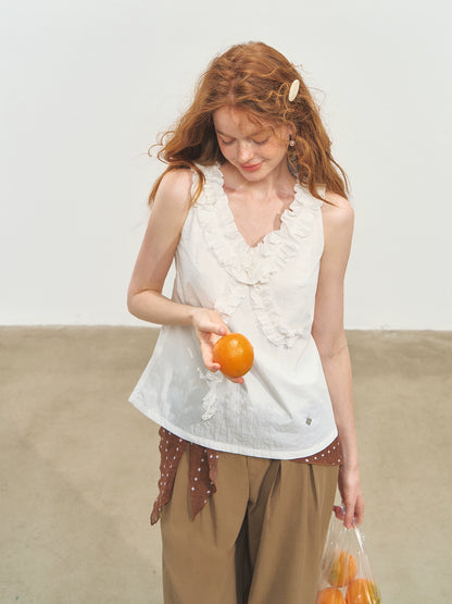 French Ruffle Lace Knotted Flower V-neck Top