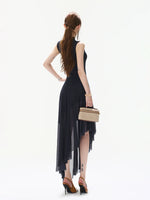 Navy Asymmetric Mock Neck Dress