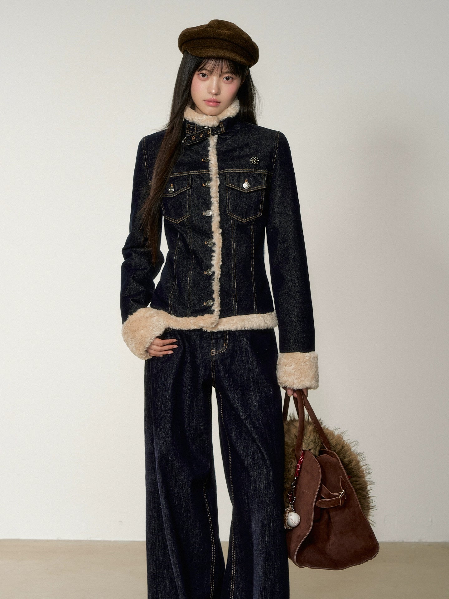 Denim Panel Fur-Trim Down Jacket