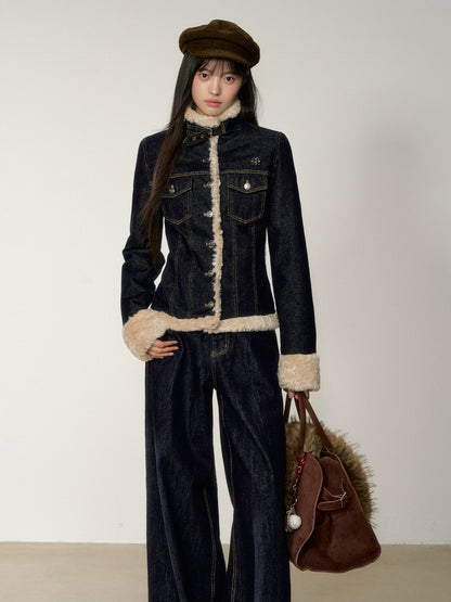 Denim Panel Fur-Trim Down Jacket