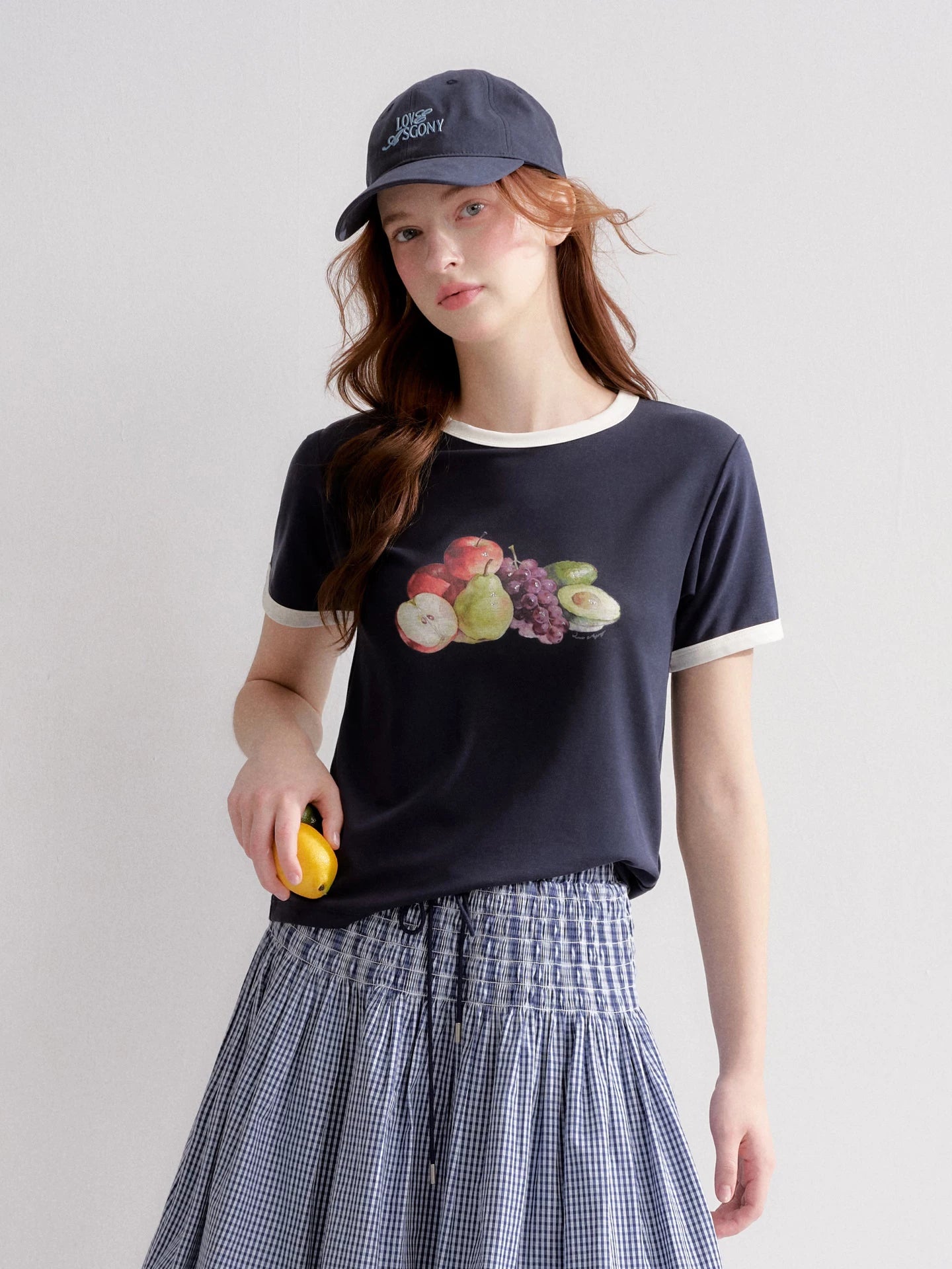 White And Blue Fruit Print Tee