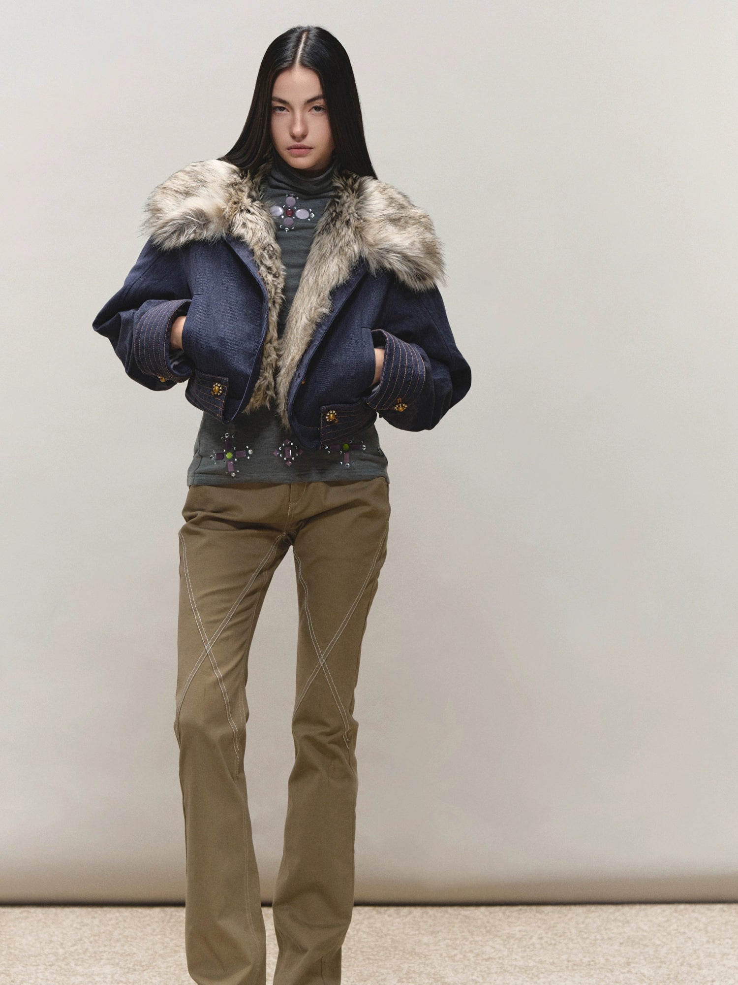 Fur-Collar Fitted Parka Jacket