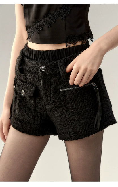 Black Double-Layer Patchwork 2-in-1 Shorts
