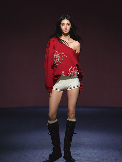 Pearl-Embellished Off-Shoulder Sweatshirt &amp; Shorts Set