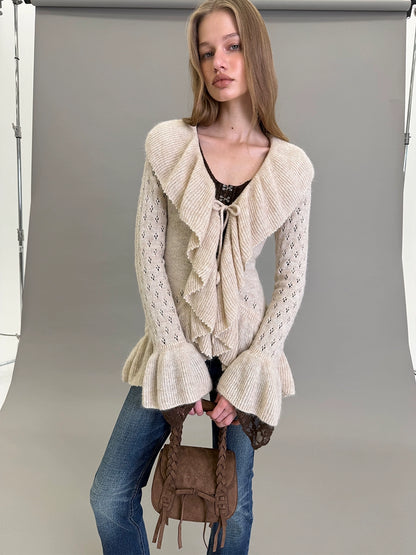 Two-Tone Openwork Ruffle Longline Cardigan