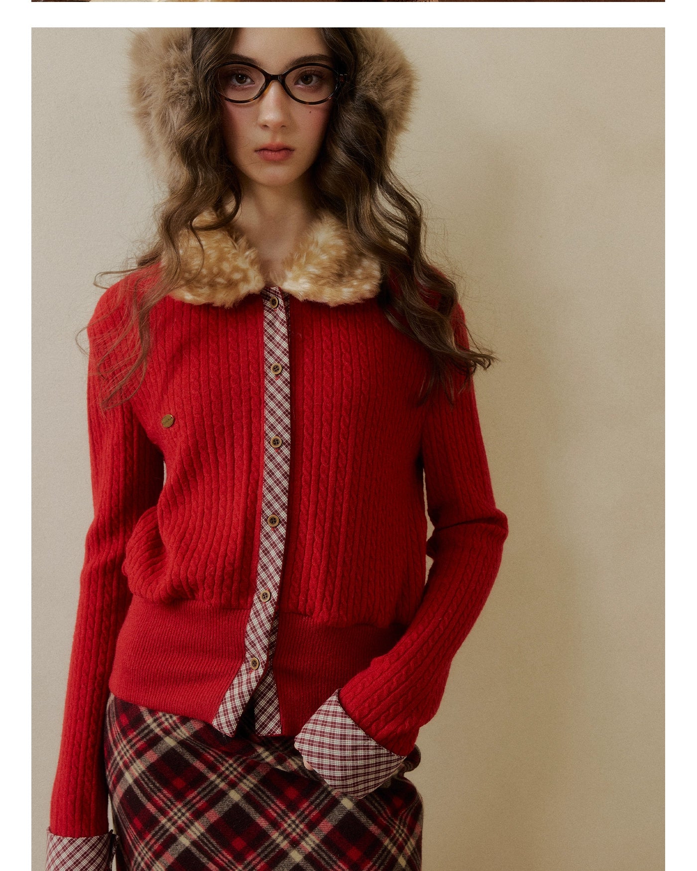 Fur-Collar Plaid Knit Cardigan
