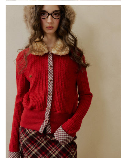 Fur-Collar Plaid Knit Cardigan
