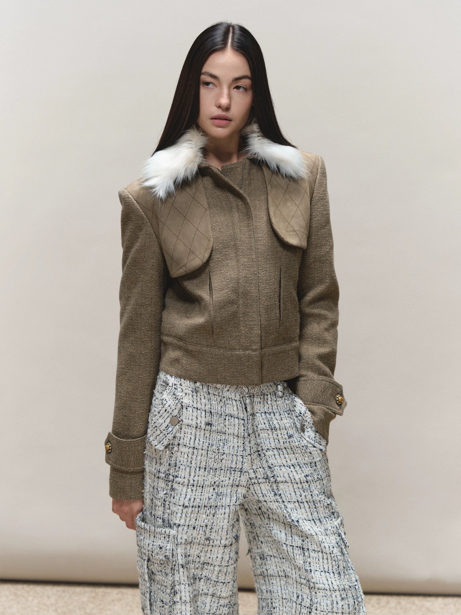 Contrast Quilted Fur-Collar Jacket