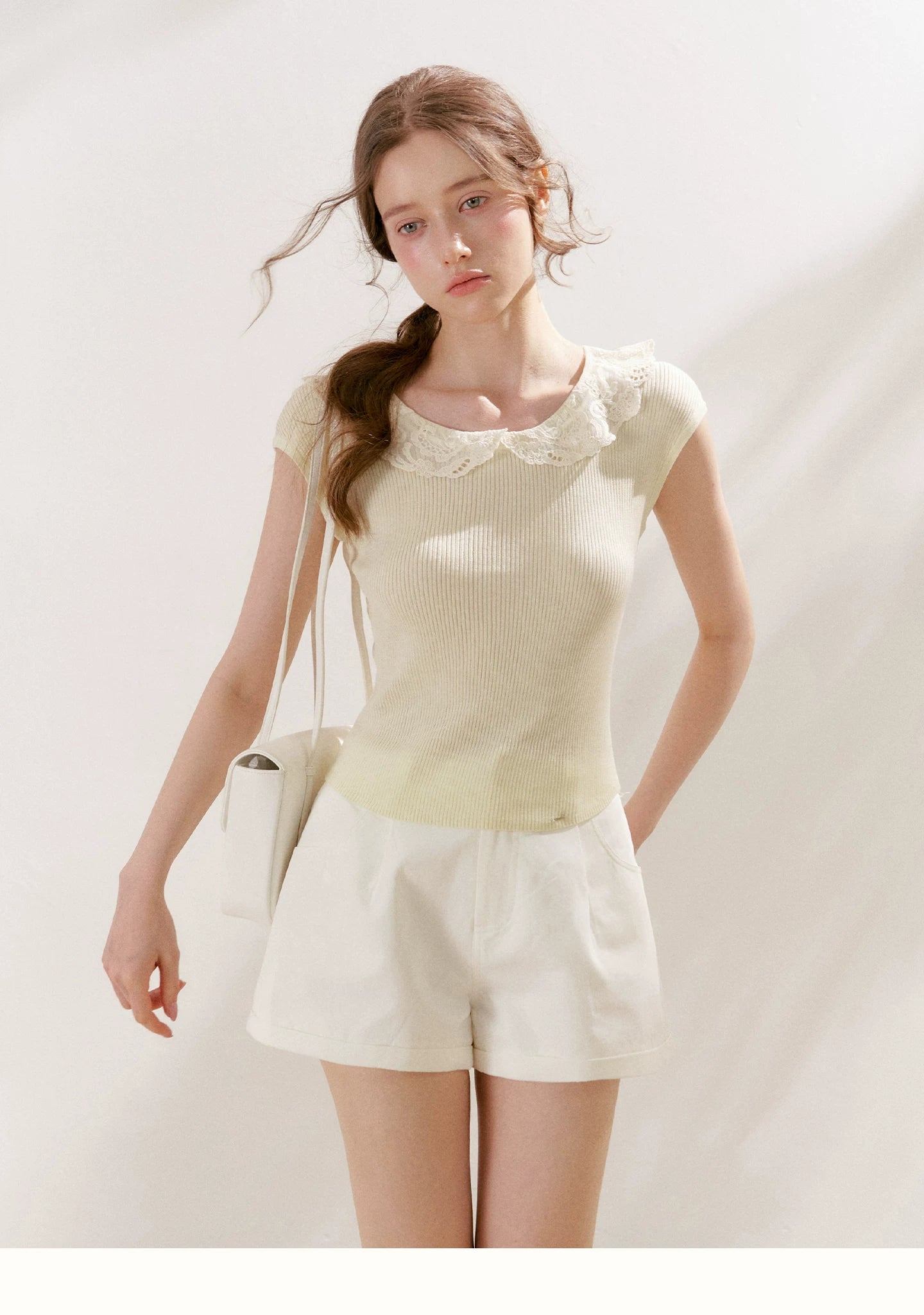 Lace-Collar Knit T-Shirt