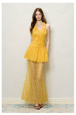 Yellow & Black Lace Sheer Midi Skirt