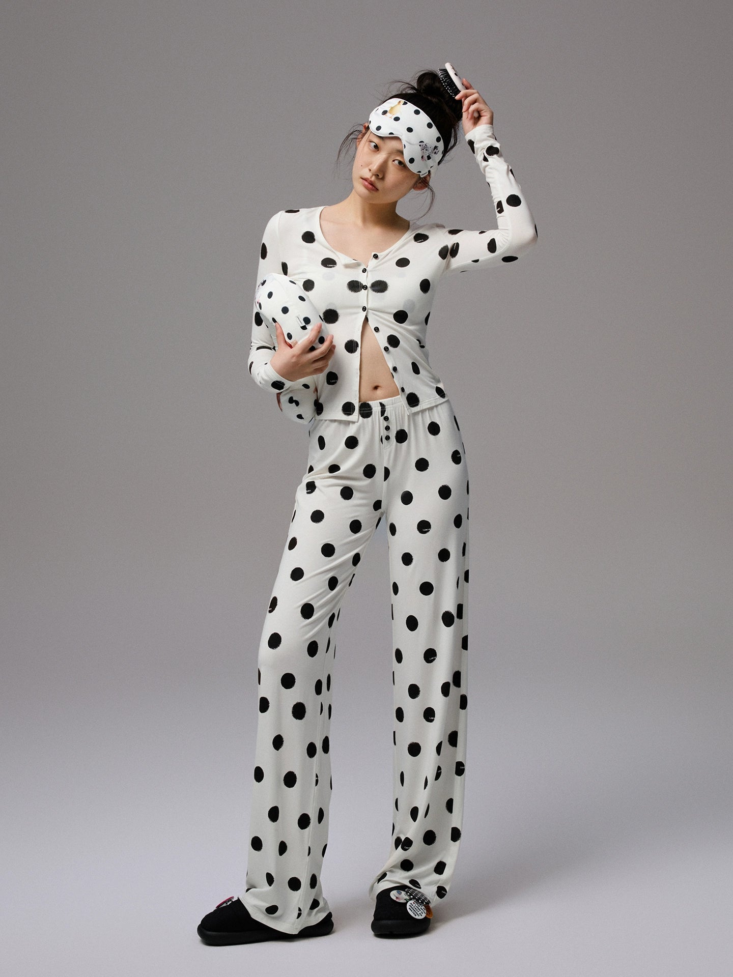 Polka Dot Contrast Knit Cardigan &amp; Lounge Pants Set