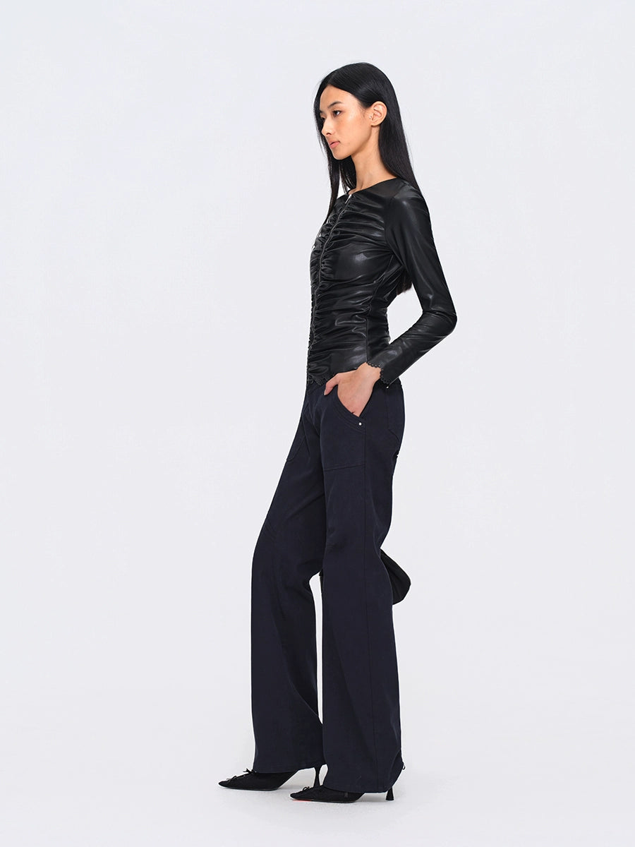 Ruched Burnout Slim Cropped Faux-Leather Jacket