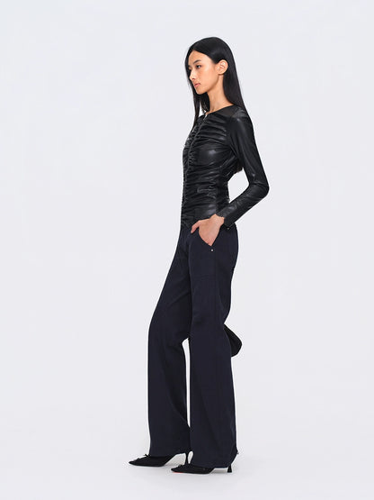 Ruched Burnout Slim Cropped Faux-Leather Jacket