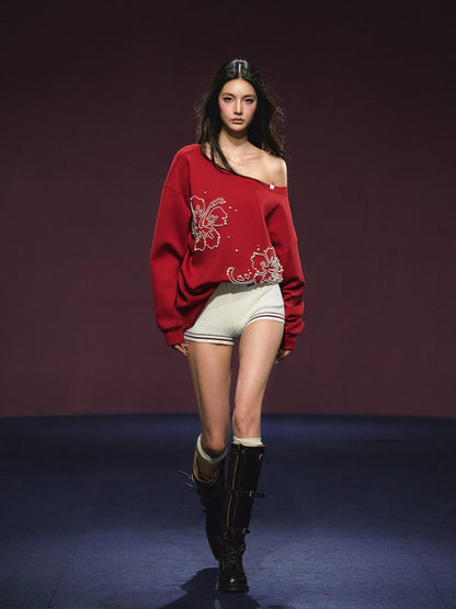 Pearl-Embellished Off-Shoulder Sweatshirt &amp; Shorts Set