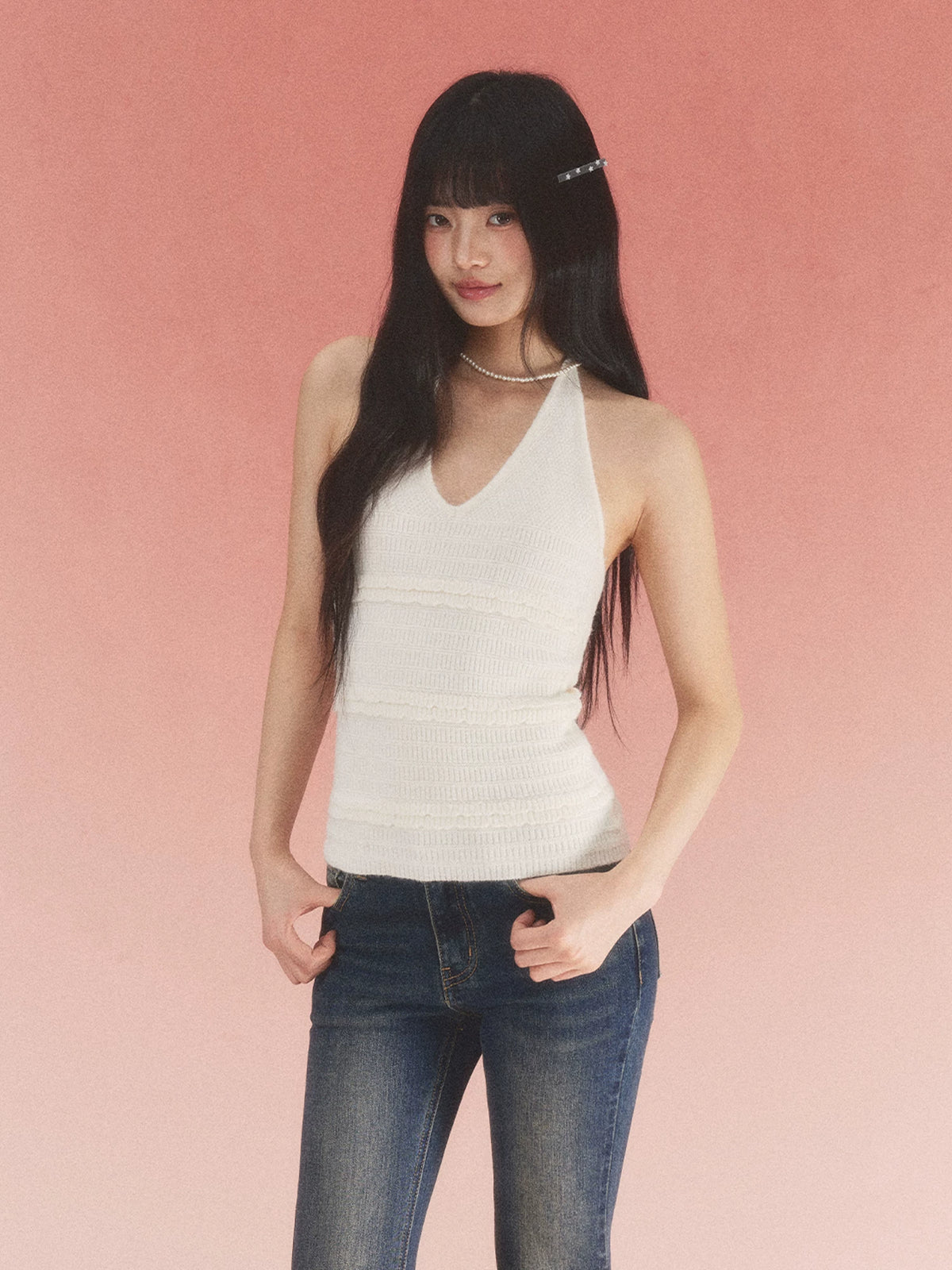 White Textured Halter Knit Top