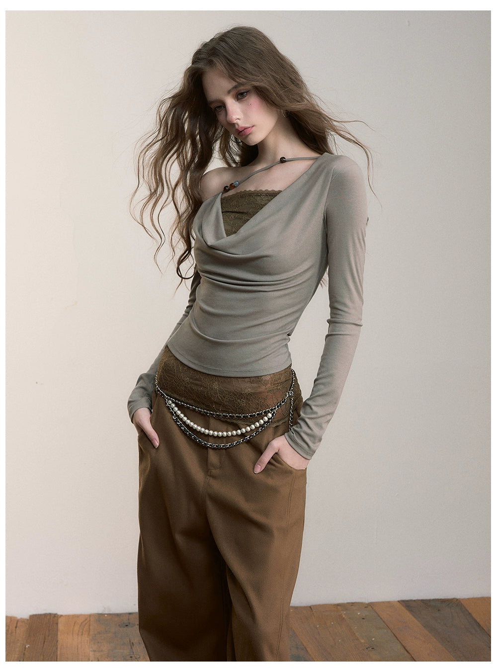 Asymmetric Beaded Drape T-shirt