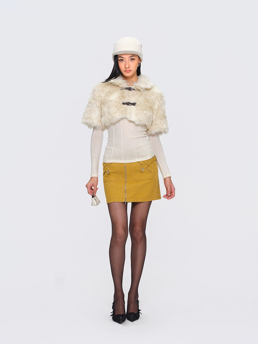 Eco-Fur Capelet Toggle Cropped Jacket