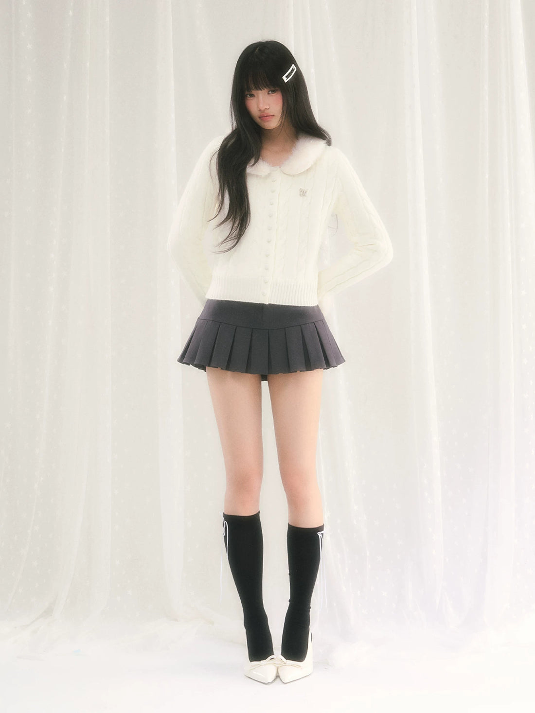 Cable Knit Fur Collar Cardigan