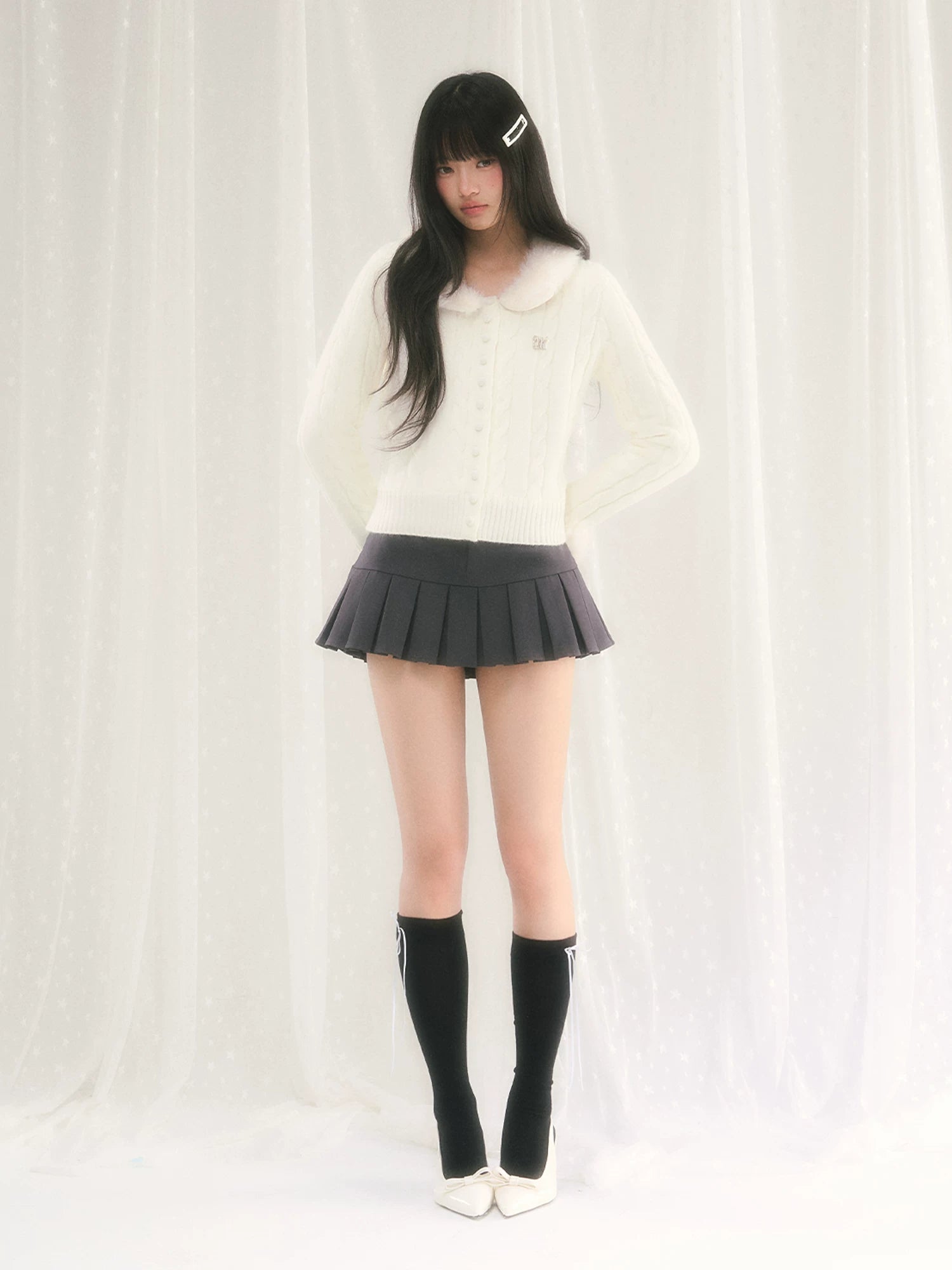 Cable Knit Fur Collar Cardigan
