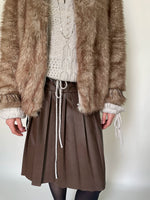 Brown Eyelet Lace-up Pleated Leather Skirt