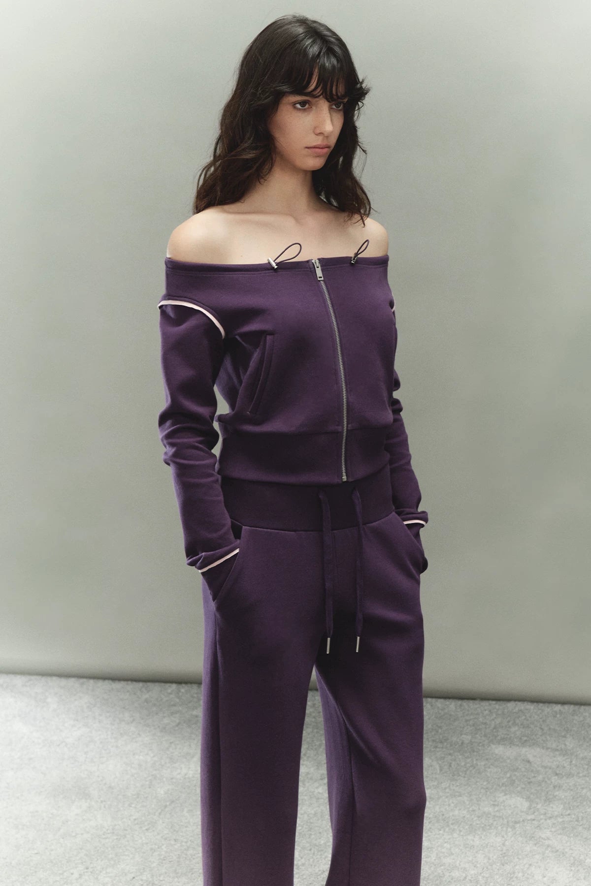 Off-Shoulder Drawstring Sweatshirt &amp; Pants Set