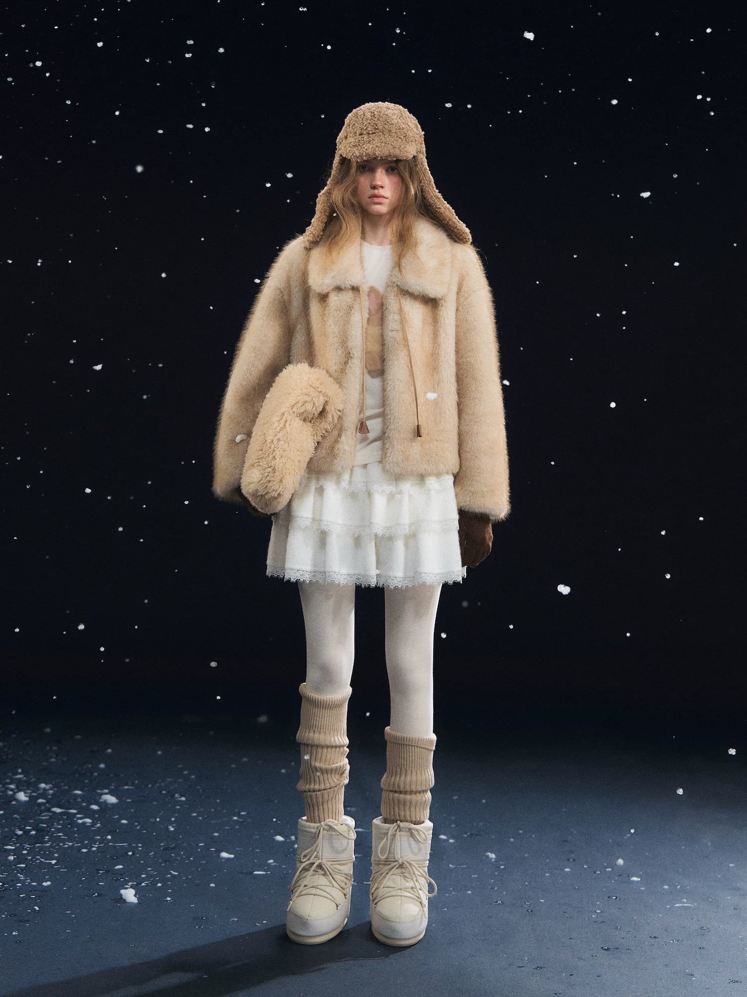 Beige Tie Collar Fleece Coat