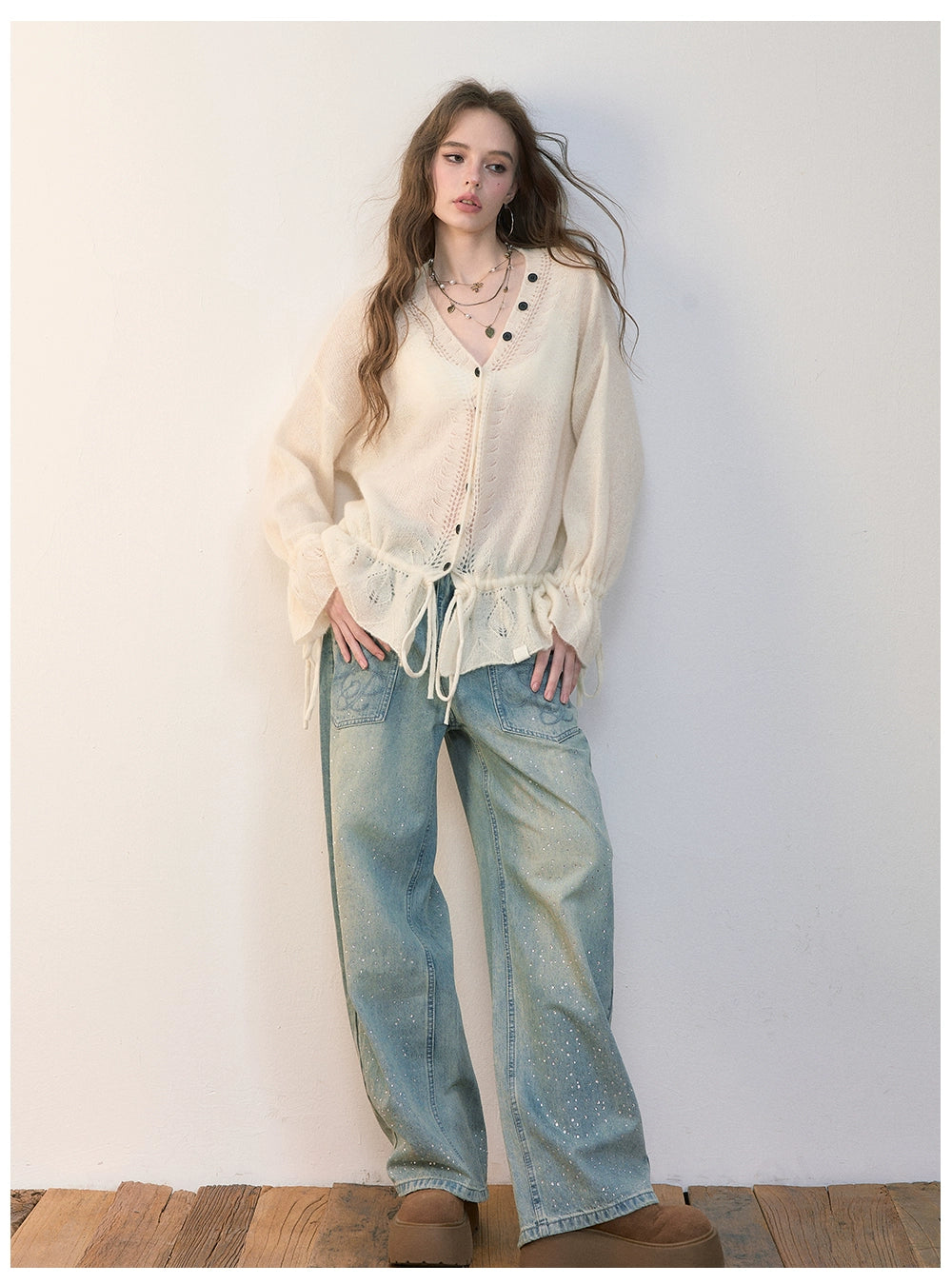 Brown &amp; Off-white Drawstring Knit Cardigan