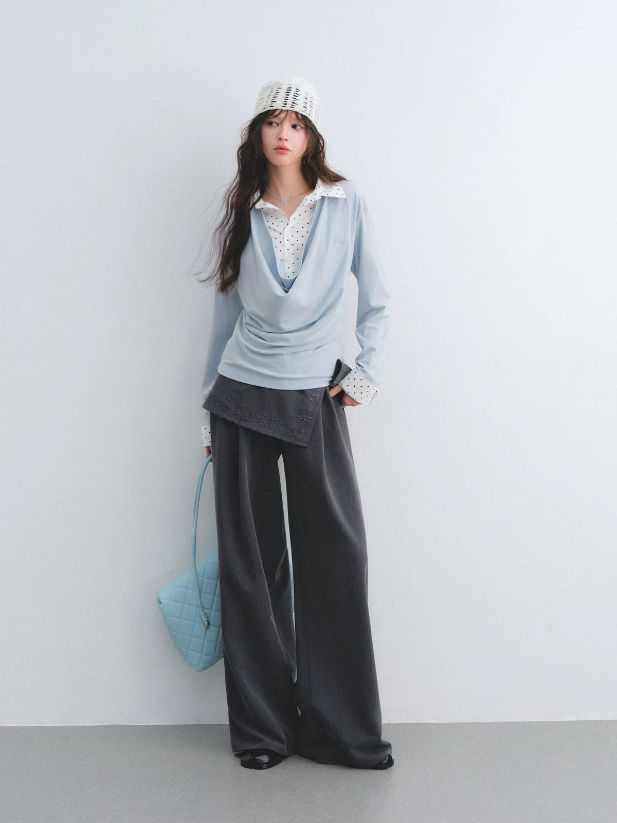 Gray Embroidered Curtain Panel Pants