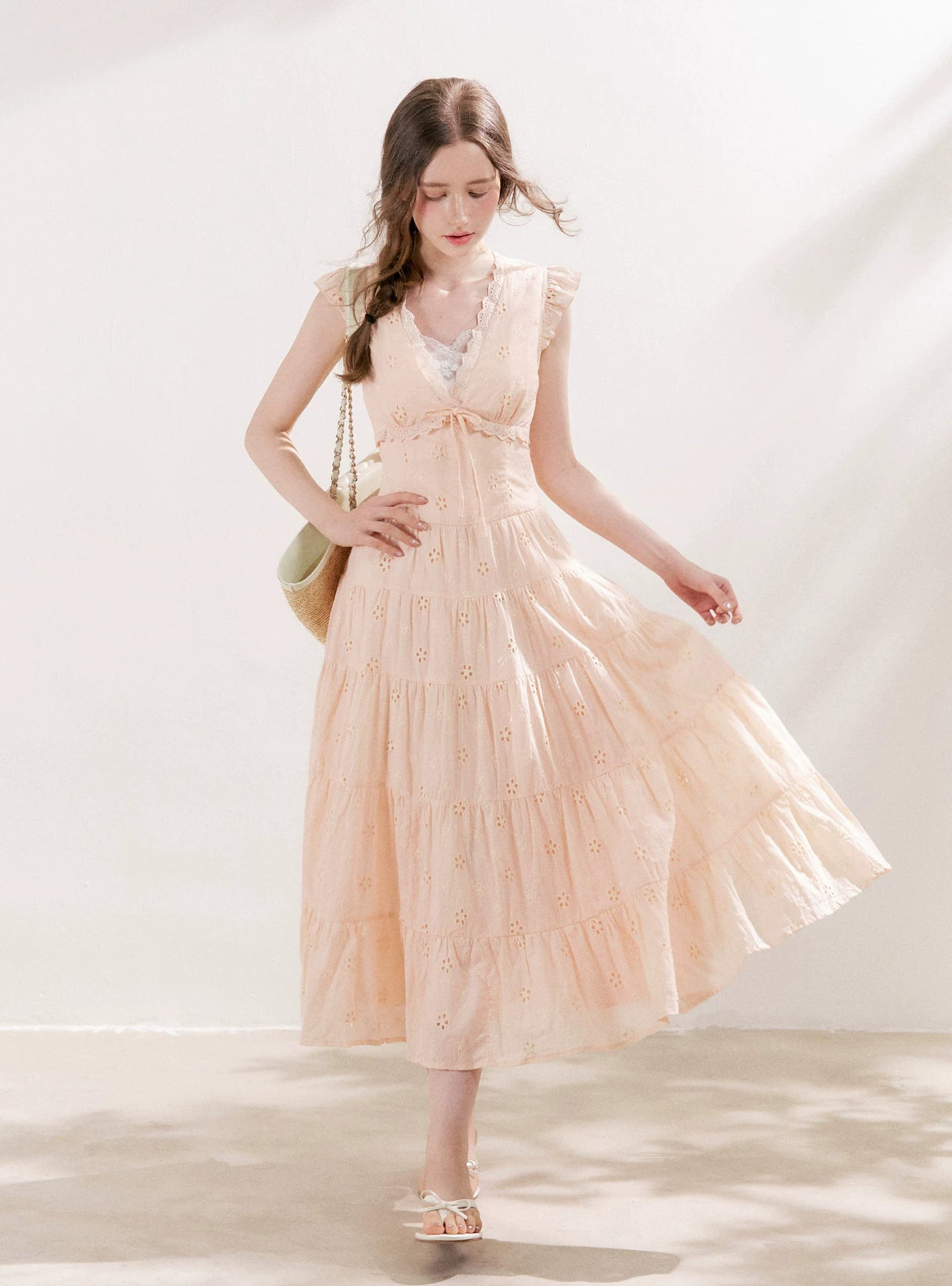Apricot Orange Eyelet Tiered Dress