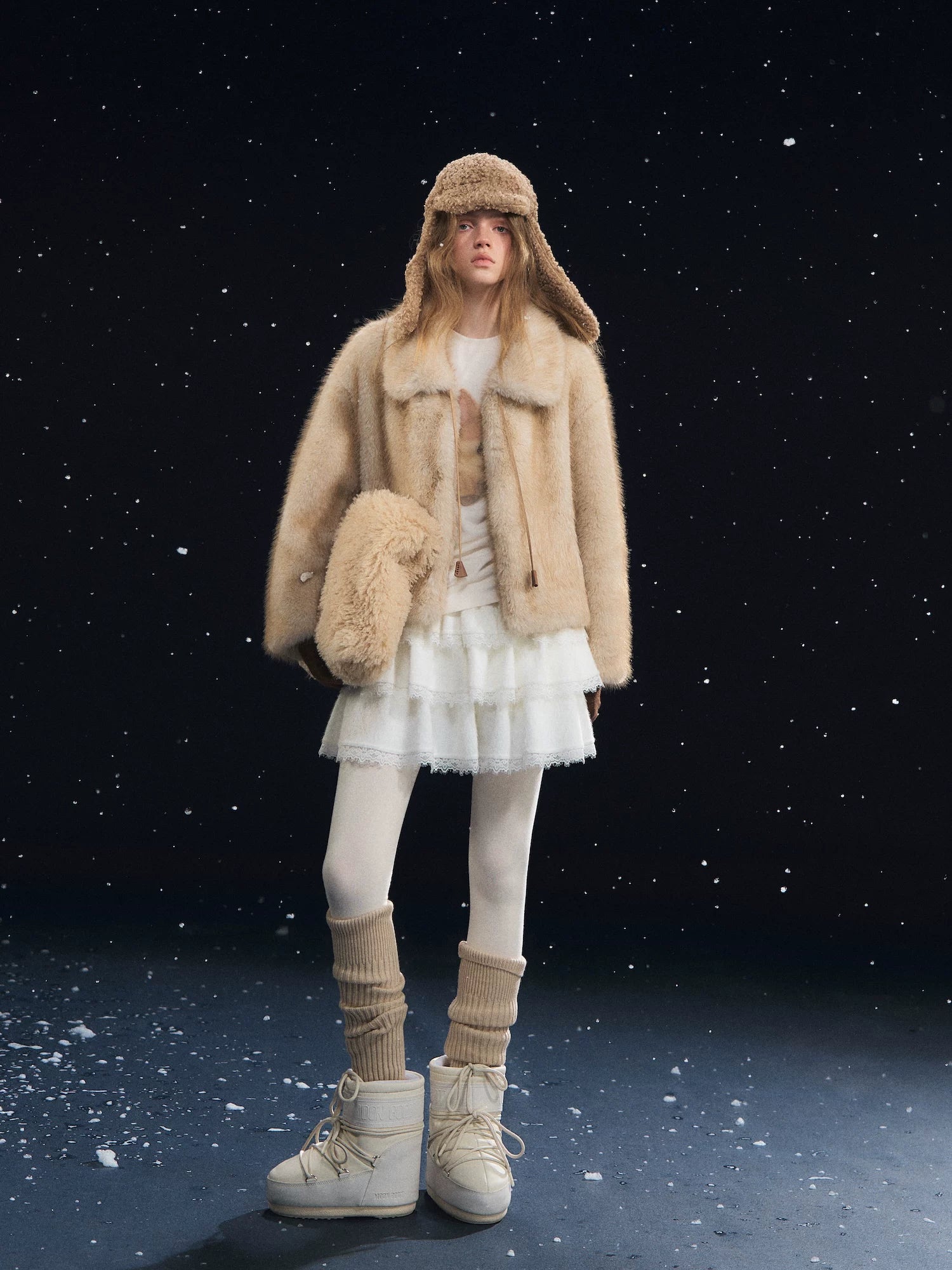 Beige Tie Collar Fleece Coat