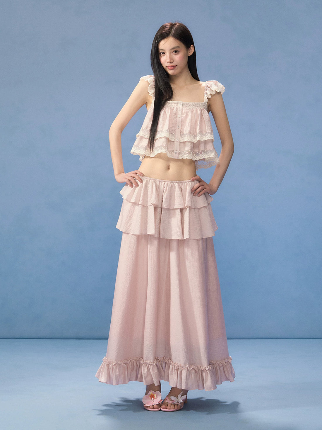 Pink Tiered Ruffle Maxi Skirt